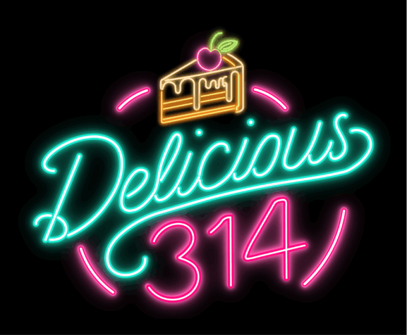 NeonSign of the band "Delicious 314". Turquiose and pink colors. On top is a piece of pie.